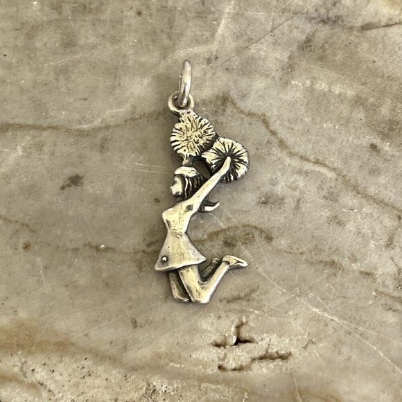 Sterling Silver 925 Jumping Cheerleader Pom Pom Cheer Charm Pendant - Picture 1 of 16